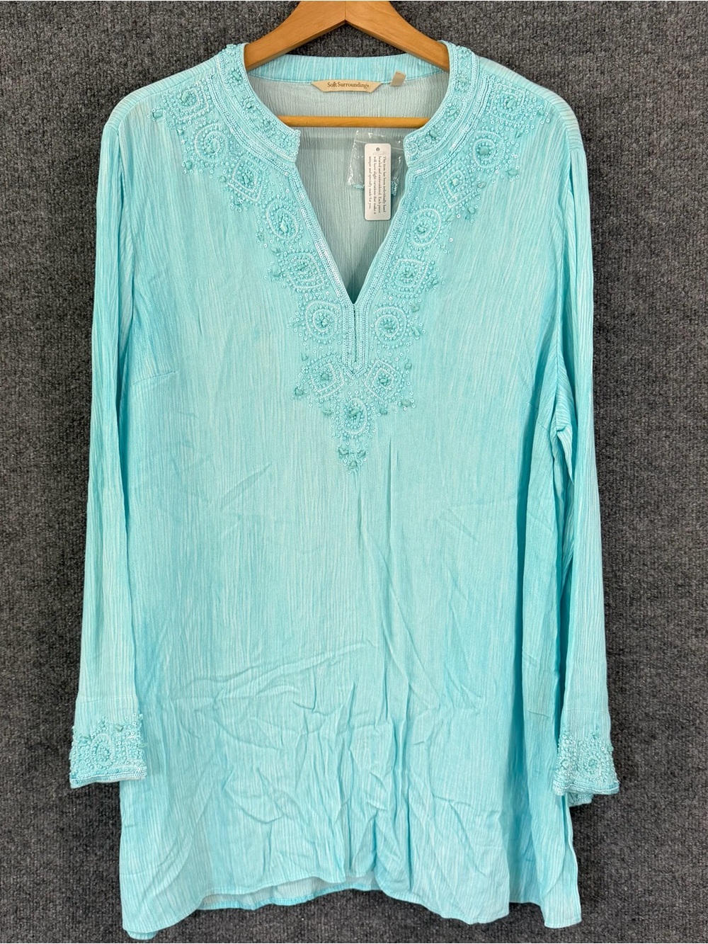 Soft Surroundings Womens Beaded Tunic Top Size XL Turquoise Long Sleeve Boho